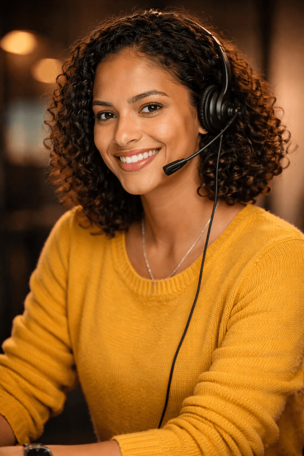 Profissional de atendimento sorrindo para representar suporte humano.